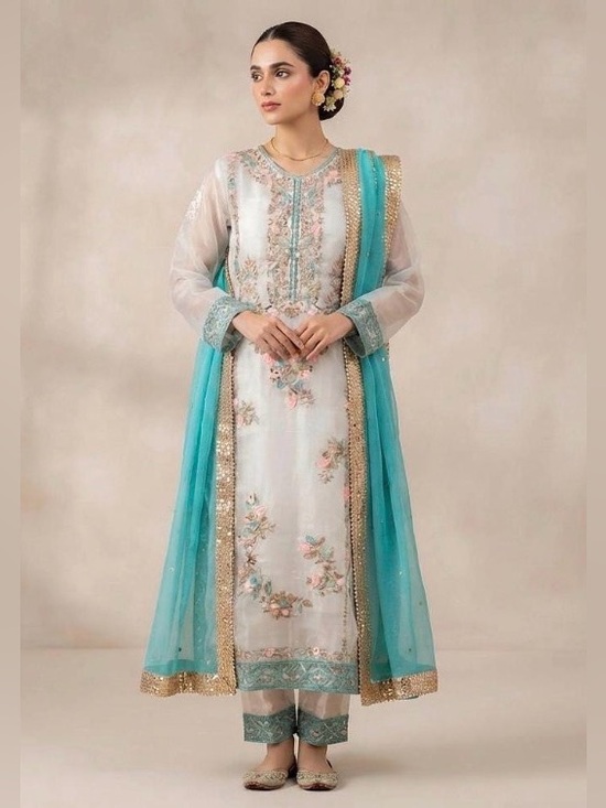 Dresses & Skirts - White Embroidered Silk Mix Suit Set
